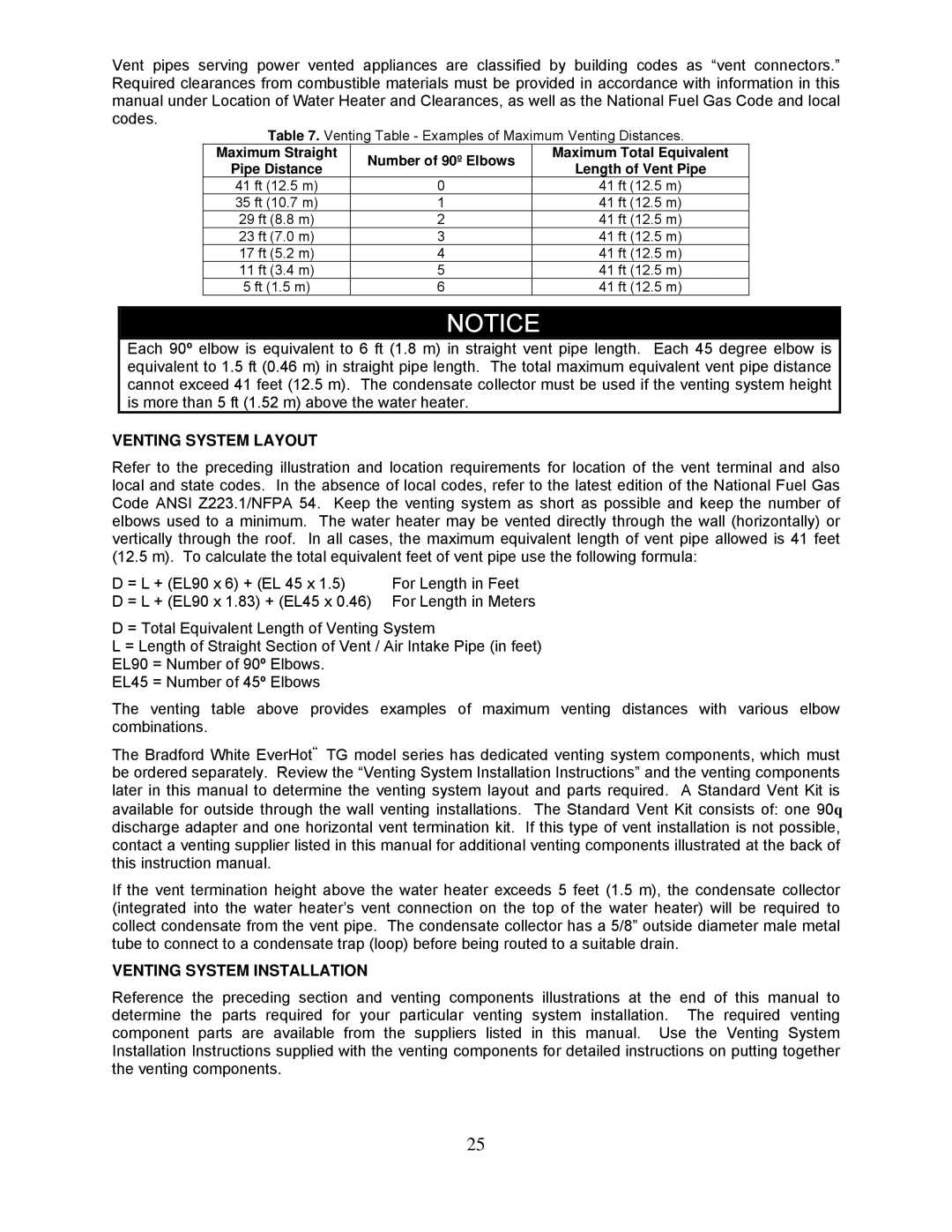 Bradford-White Corp TG237I-N(X), TG-150I-N(X), TG-180I-N(X), TG-199I-N(X) Venting System Layout, Venting System Installation 