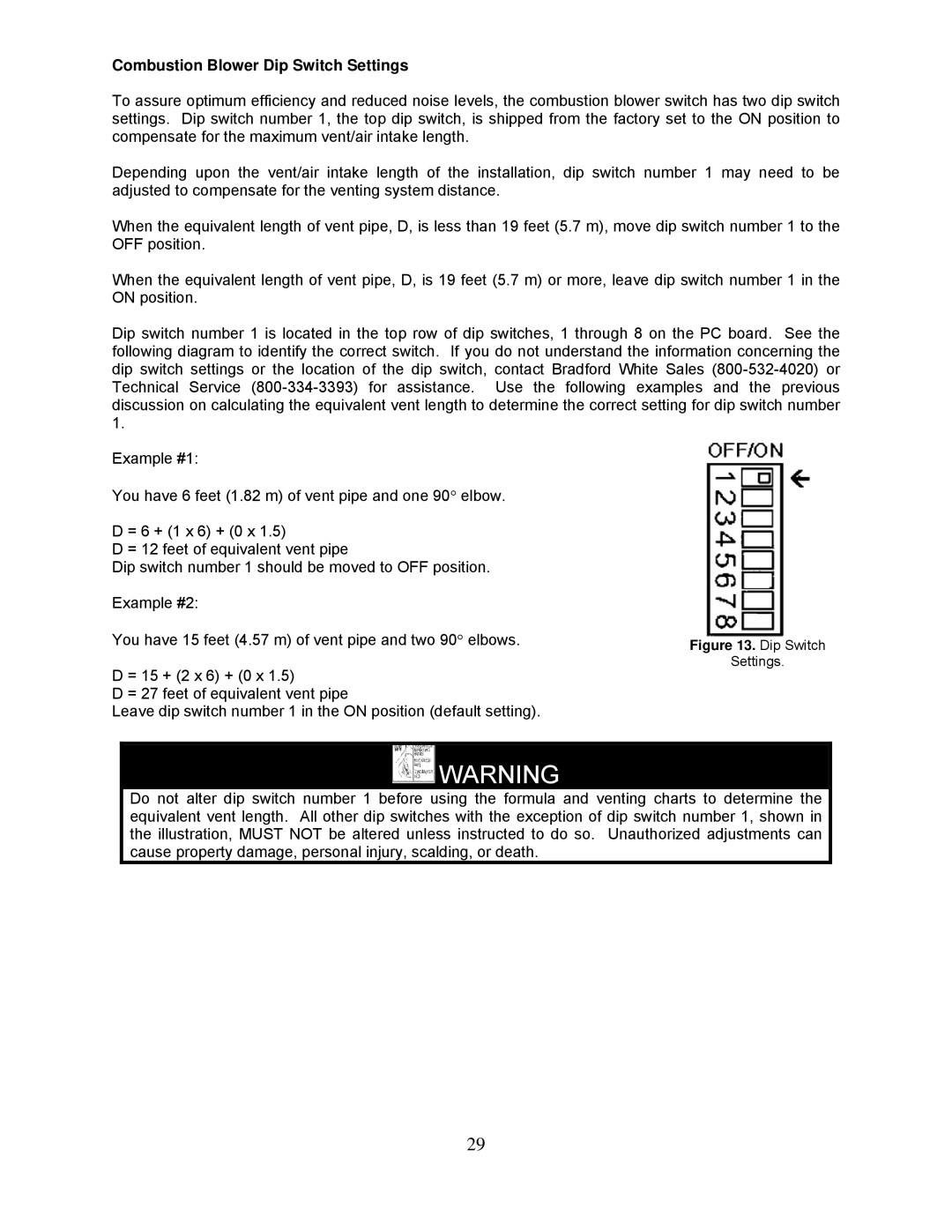 Bradford-White Corp TG-199I-N(X), TG237I-N(X), TG-150I-N(X), TG-180I-N(X) Combustion Blower Dip Switch Settings 