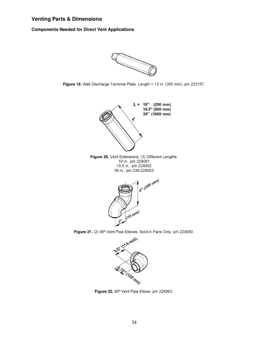 Bradford-White Corp TG-199I-N(X), TG237I-N(X) Venting Parts & Dimensions, Components Needed for Direct Vent Applications 