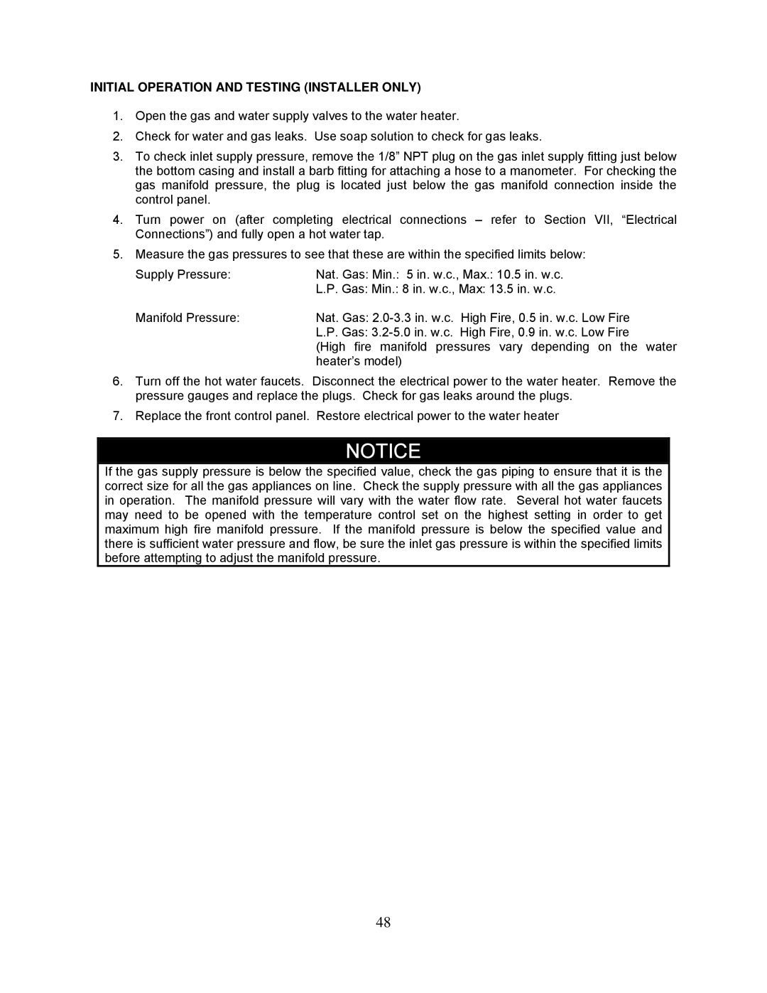 Bradford-White Corp TG-237I-N(X)A, TG237I-N(X), TG-150I-N(X), TG-180I-N(X) Initial Operation and Testing Installer only 