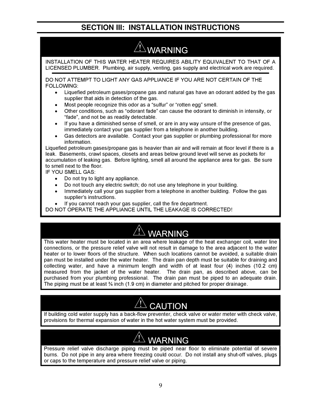 Bradford-White Corp TG-199I-N(X), TG237I-N(X), TG-150I-N(X), TG-180I-N(X) Section III Installation Instructions 