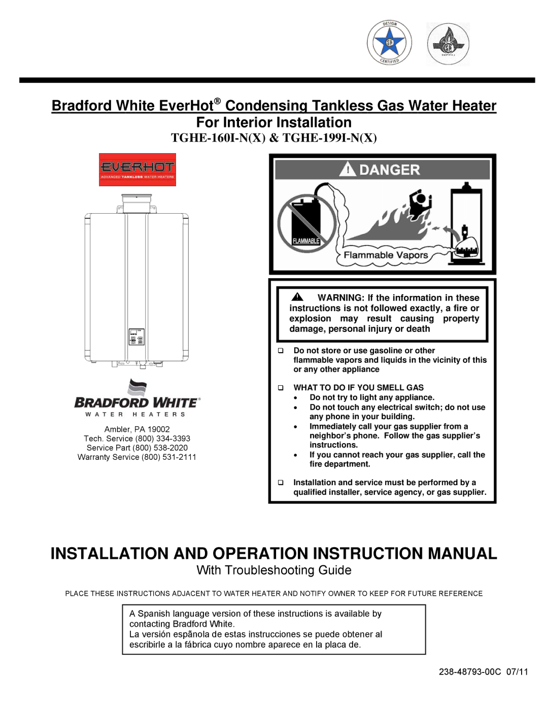 Bradford-White Corp TGHE-1991-N(X), TGHE-160I-N(X) instruction manual TGHE-160I-NX & TGHE-199I-NX 