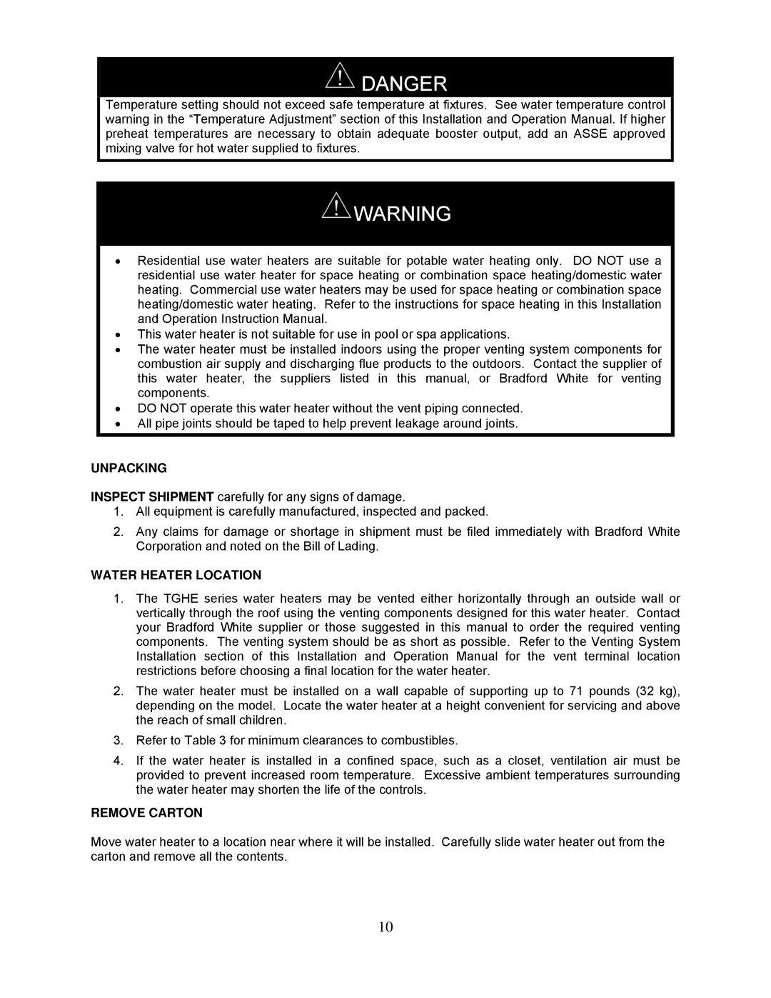 Bradford-White Corp TGHE-160I-N(X), TGHE-1991-N(X) instruction manual Unpacking, Water Heater Location, Remove Carton 