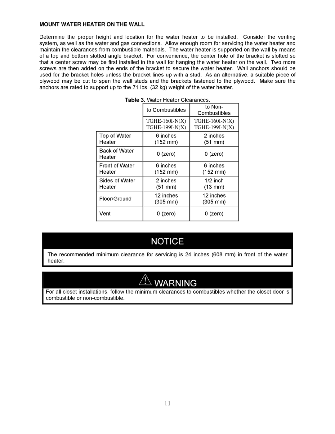 Bradford-White Corp TGHE-1991-N(X), TGHE-160I-N(X) instruction manual Mount Water Heater on the Wall 