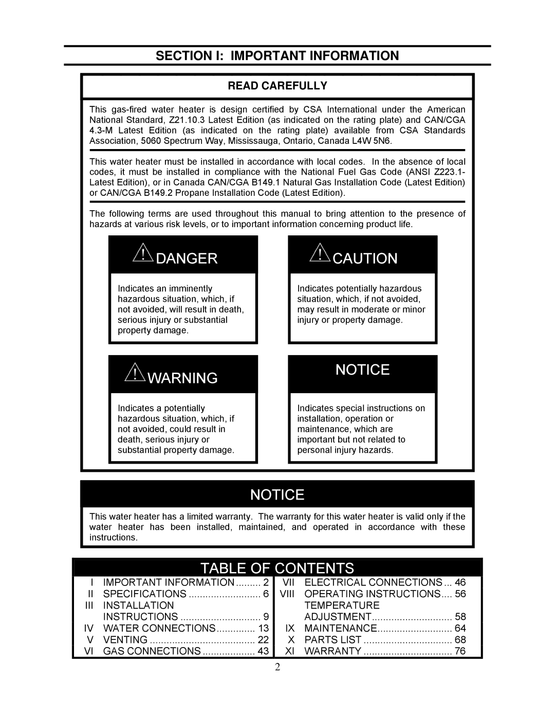 Bradford-White Corp TGHE-160I-N(X), TGHE-1991-N(X) instruction manual Table of Contents 