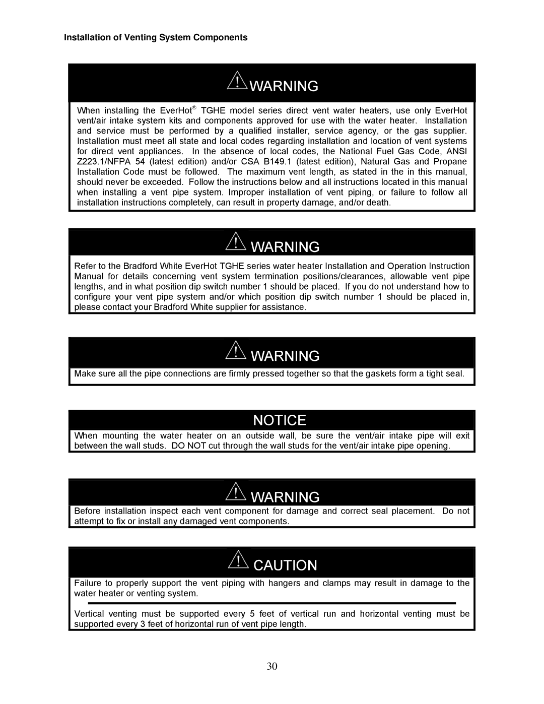 Bradford-White Corp TGHE-160I-N(X), TGHE-1991-N(X) instruction manual Installation of Venting System Components 