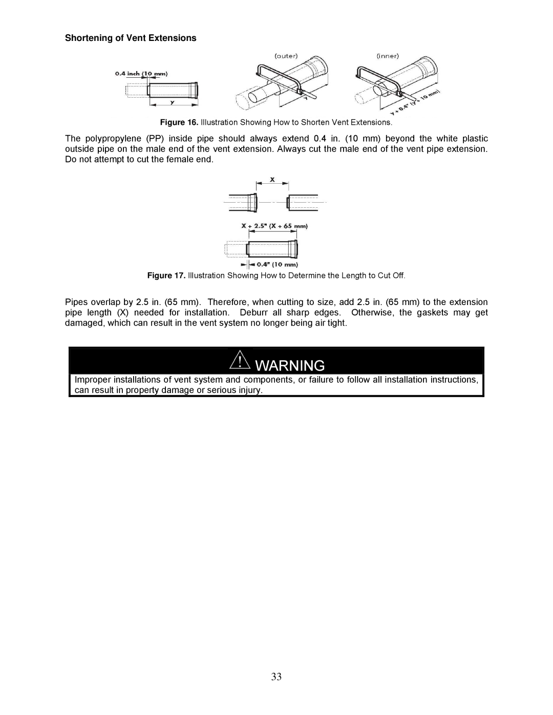 Bradford-White Corp TGHE-1991-N(X) Shortening of Vent Extensions, Illustration Showing How to Shorten Vent Extensions 