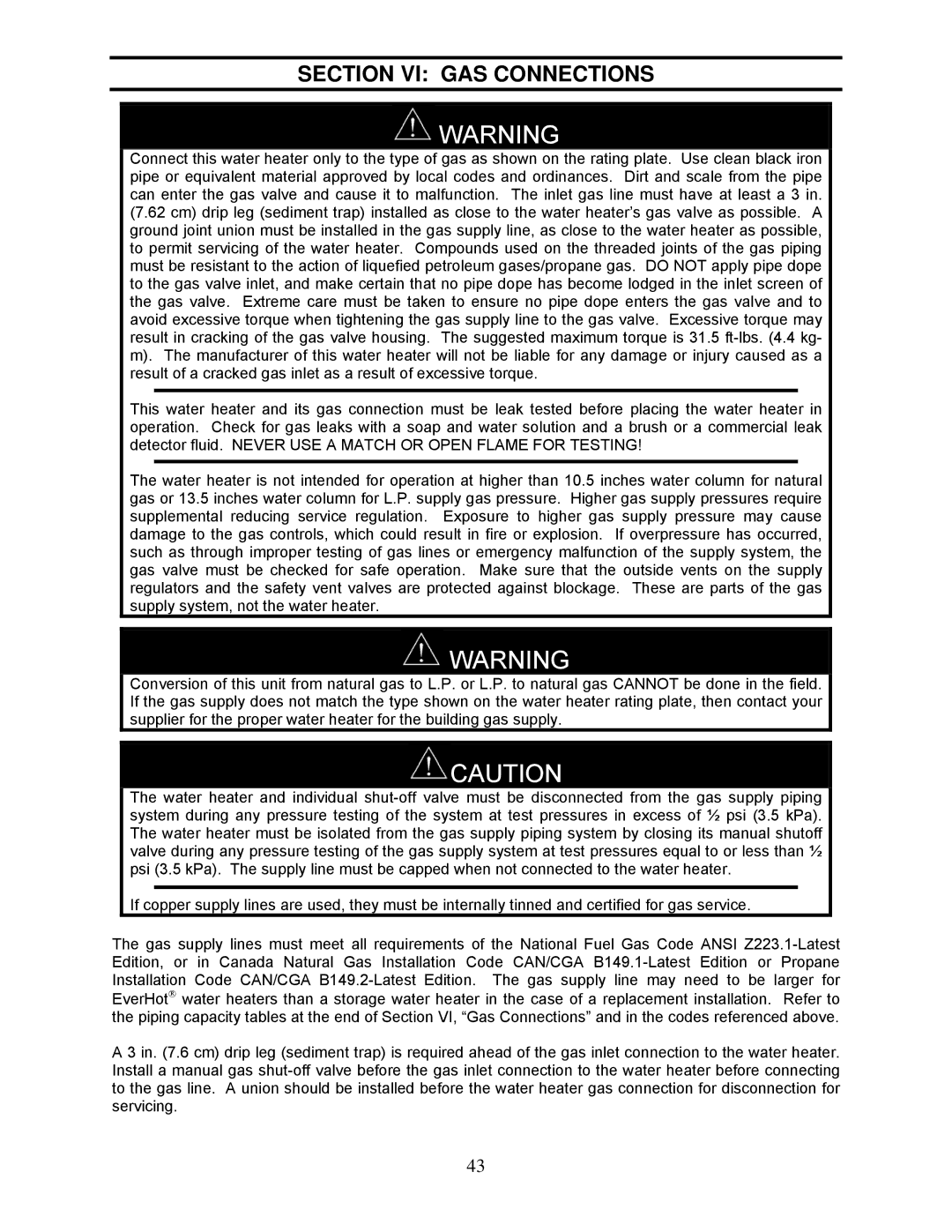 Bradford-White Corp TGHE-1991-N(X), TGHE-160I-N(X) instruction manual Section VI GAS Connections 