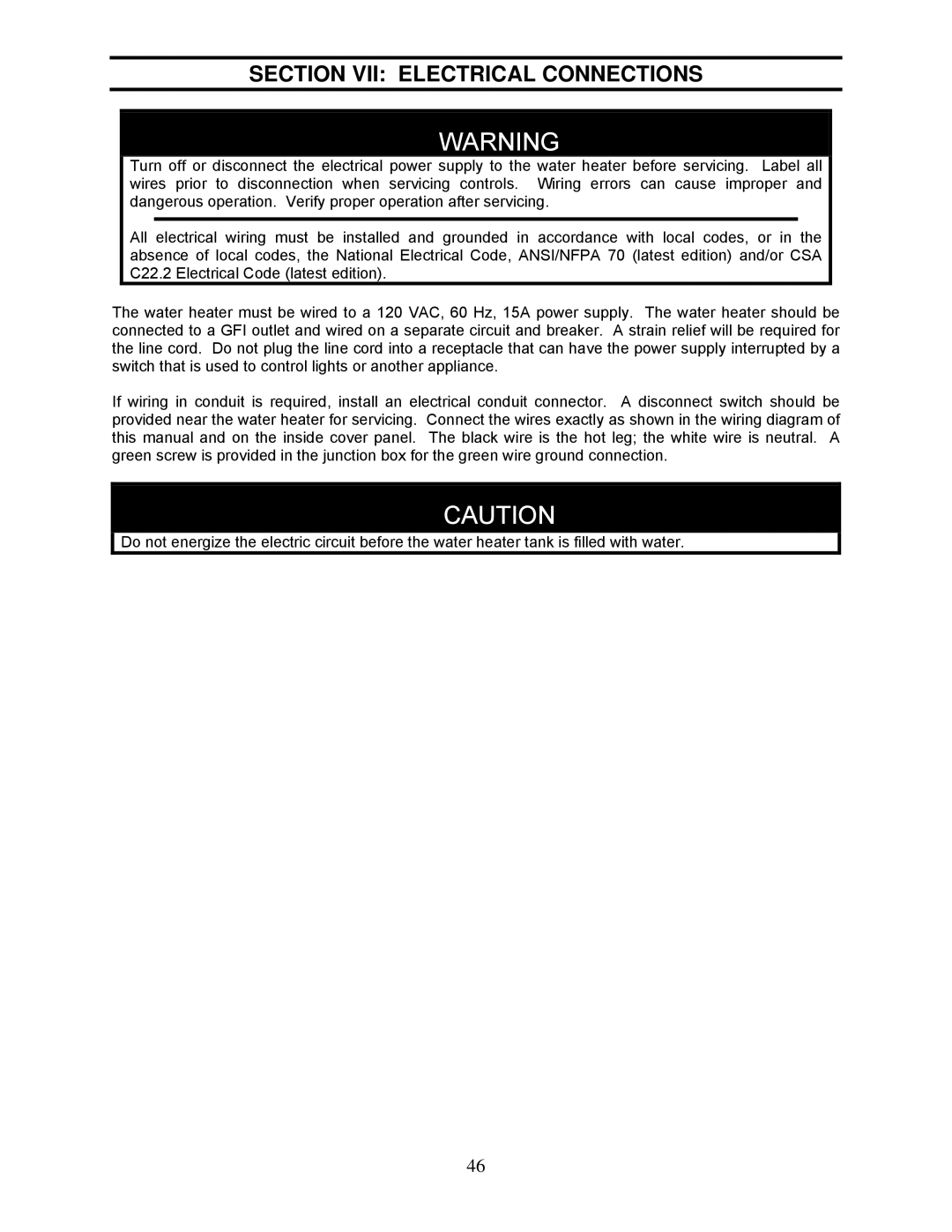 Bradford-White Corp TGHE-160I-N(X), TGHE-1991-N(X) instruction manual Section VII Electrical Connections 