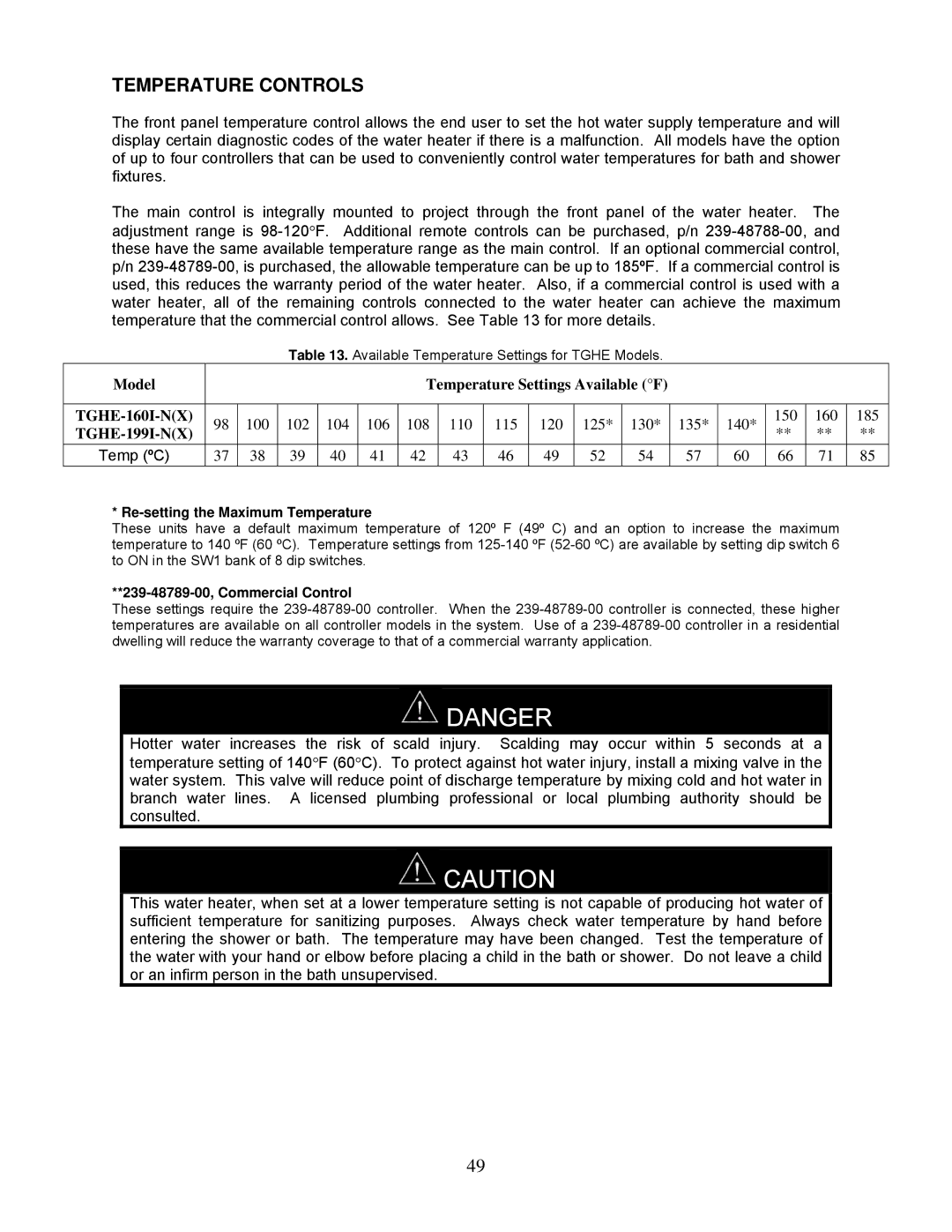 Bradford-White Corp TGHE-1991-N(X), TGHE-160I-N(X) instruction manual Temperature Controls 