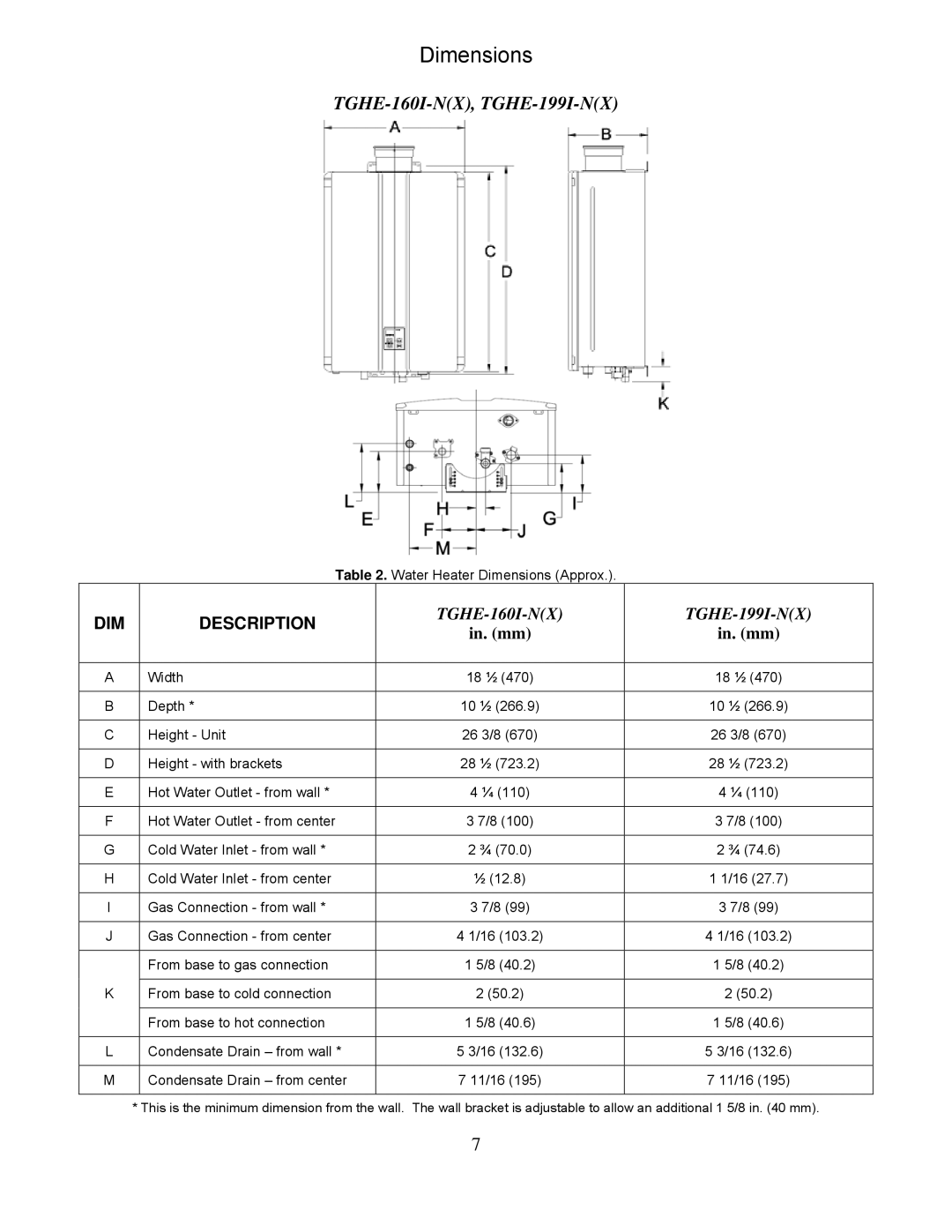 Bradford-White Corp TGHE-1991-N(X), TGHE-160I-N(X) instruction manual Dimensions 