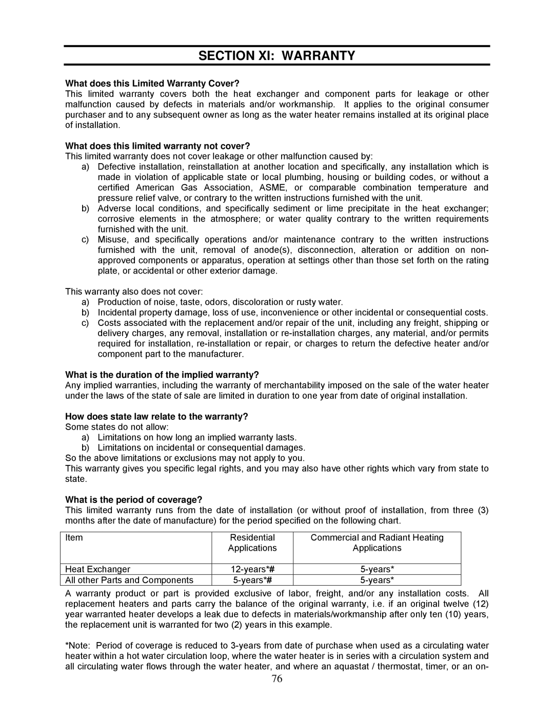 Bradford-White Corp TGHE-160I-N(X), TGHE-1991-N(X) instruction manual Section XI Warranty 