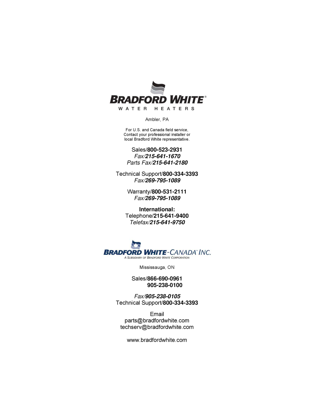 Bradford-White Corp TGHE-160I-N(X), TGHE-1991-N(X) instruction manual Fax/215-641-1670 Parts Fax/215-641-2180 