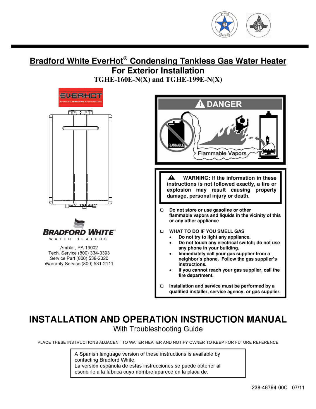 Bradford-White Corp TGHE-160E-N(X), TGHE-199E-N(X) instruction manual TGHE-160E-NX and TGHE-199E-NX 