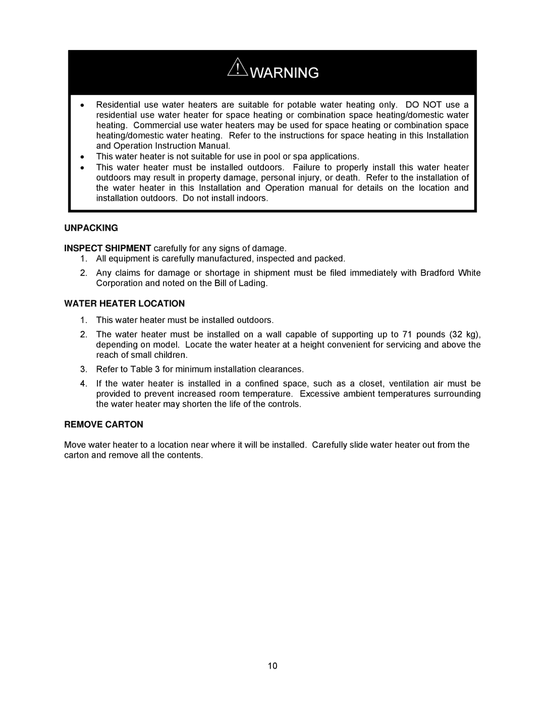 Bradford-White Corp TGHE-199E-N(X), TGHE-160E-N(X) instruction manual Unpacking, Water Heater Location, Remove Carton 