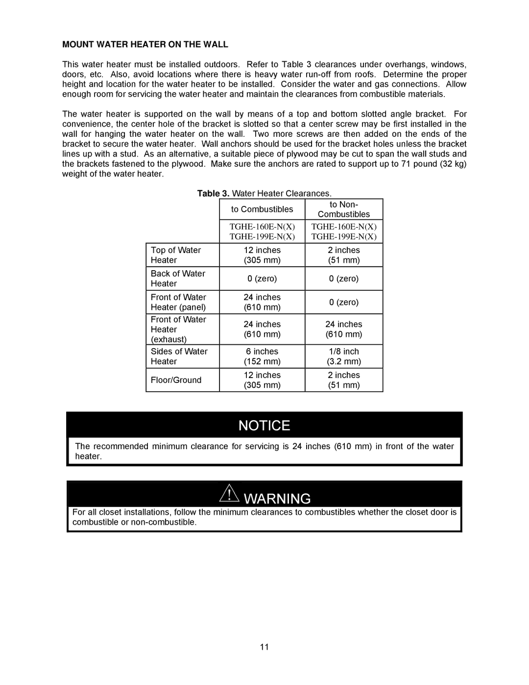 Bradford-White Corp TGHE-160E-N(X), TGHE-199E-N(X) instruction manual Mount Water Heater on the Wall 