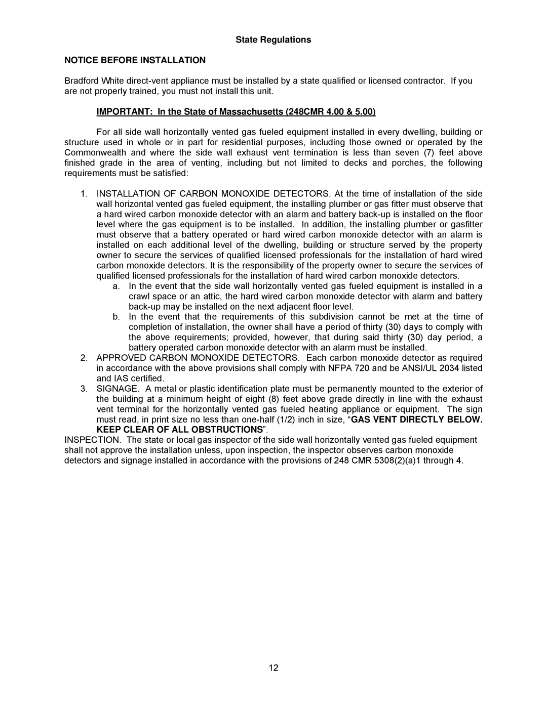 Bradford-White Corp TGHE-199E-N(X), TGHE-160E-N(X) State Regulations, Important In the State of Massachusetts 248CMR 4.00 