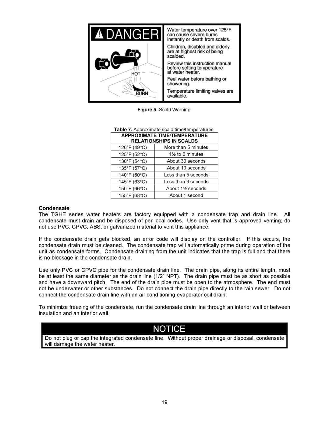 Bradford-White Corp TGHE-160E-N(X), TGHE-199E-N(X) Condensate, Approximate TIME/TEMPERATURE Relationships in Scalds 