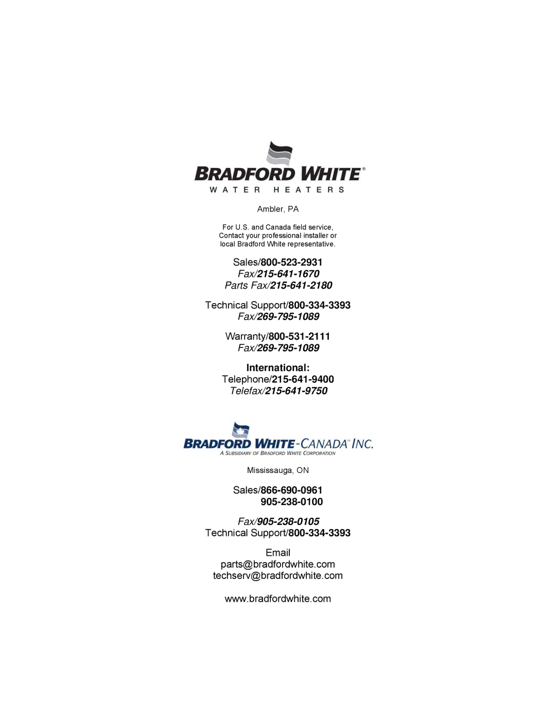 Bradford-White Corp TGHE-199E-N(X), TGHE-160E-N(X) instruction manual Fax/215-641-1670 Parts Fax/215-641-2180 