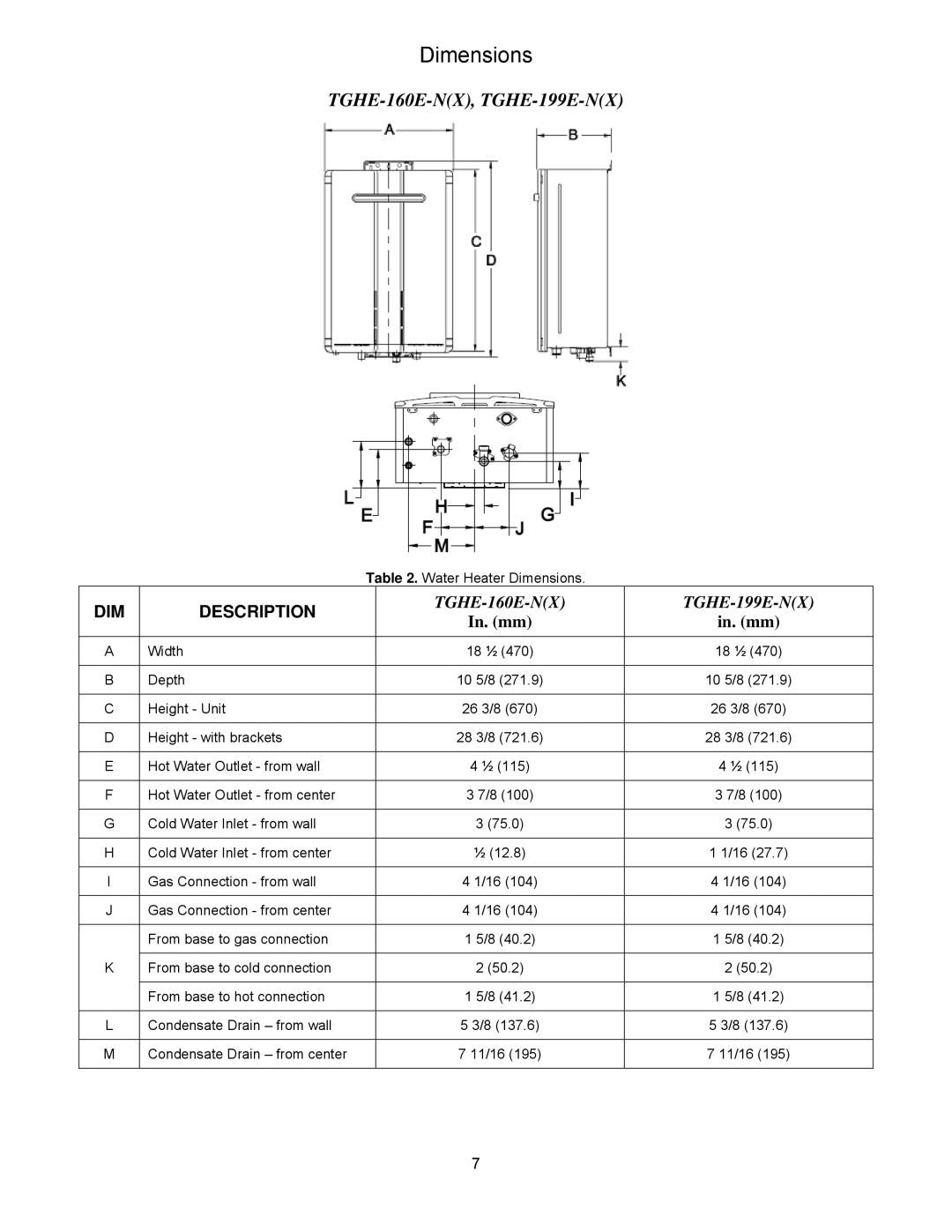 Bradford-White Corp TGHE-160E-N(X), TGHE-199E-N(X) instruction manual Dimensions 