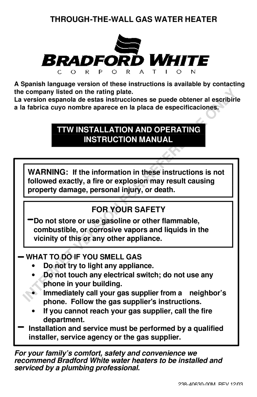 Bradford-White Corp THROUGH-THE-WALL GAS WATER HEATER instruction manual TTW Installation and Operating 