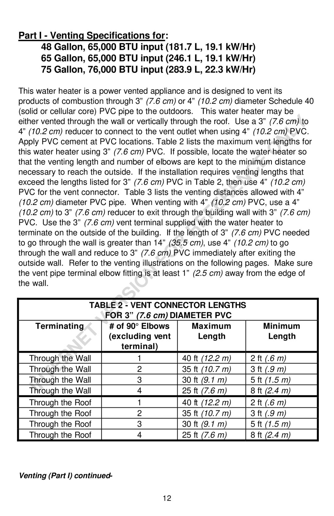 Bradford-White Corp THROUGH-THE-WALL GAS WATER HEATER instruction manual Vent Connector Lengths 