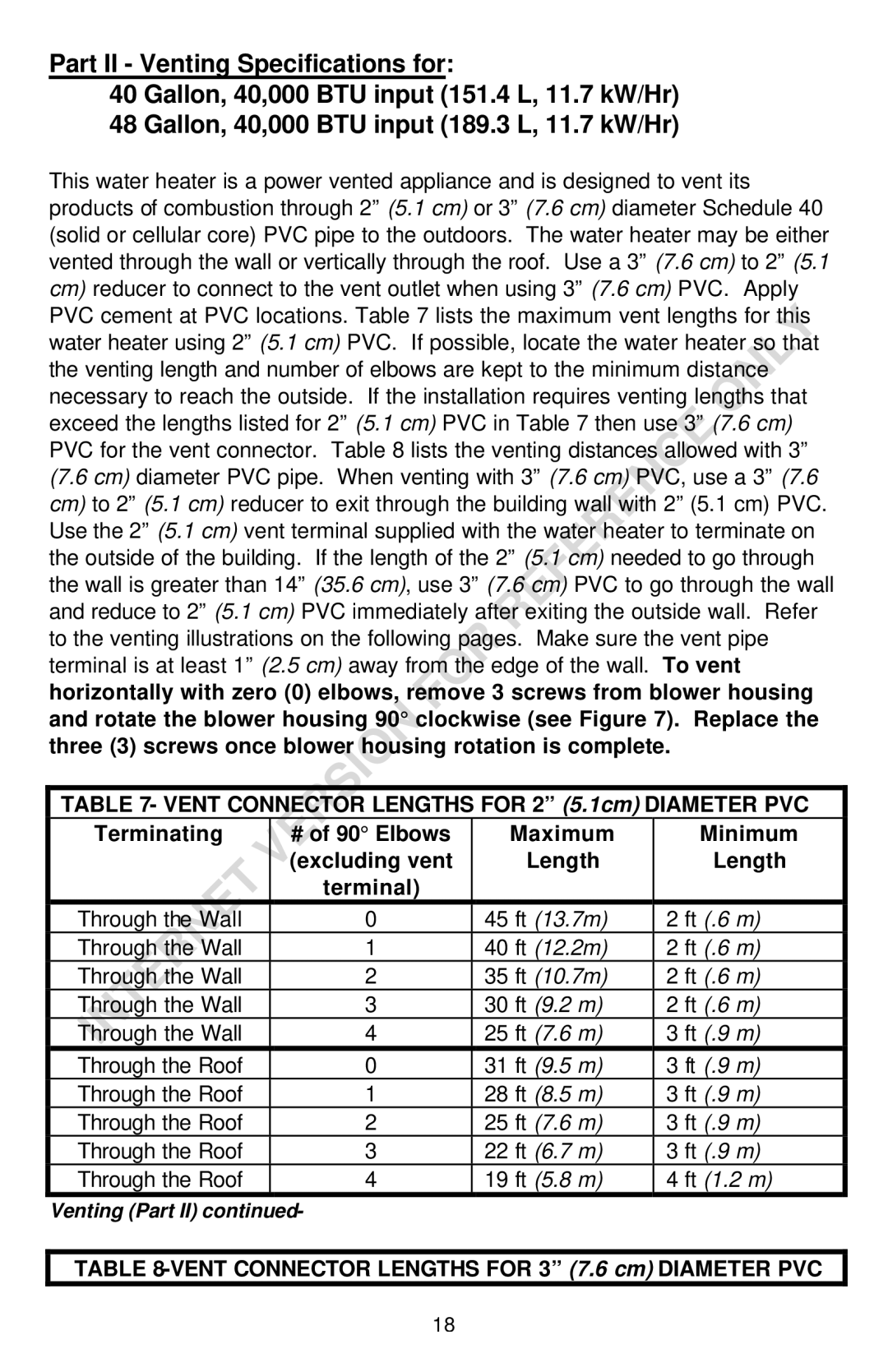 Bradford-White Corp THROUGH-THE-WALL GAS WATER HEATER Length Terminal, Vent Connector Lengths for 3 7.6 cm Diameter PVC 