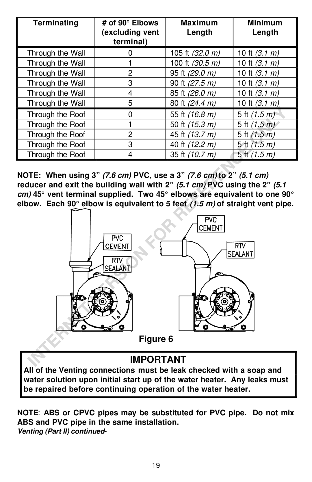 Bradford-White Corp THROUGH-THE-WALL GAS WATER HEATER instruction manual Terminating # of 90 Elbows Maximum Minimum 