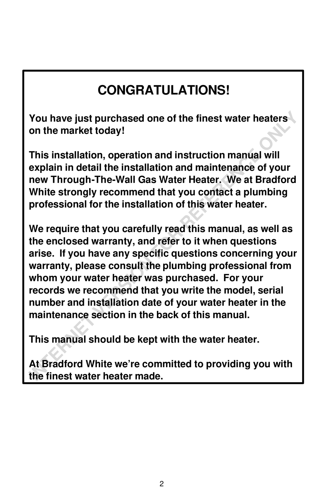 Bradford-White Corp THROUGH-THE-WALL GAS WATER HEATER instruction manual Congratulations 