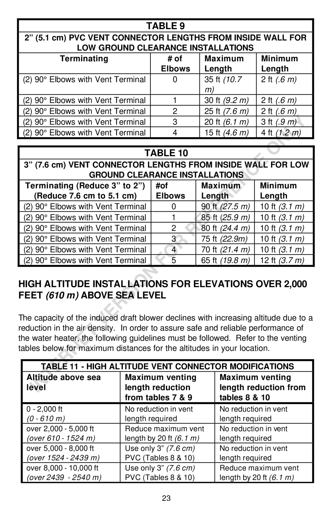 Bradford-White Corp THROUGH-THE-WALL GAS WATER HEATER instruction manual Cm Vent Connector Lengths from Inside Wall for LOW 