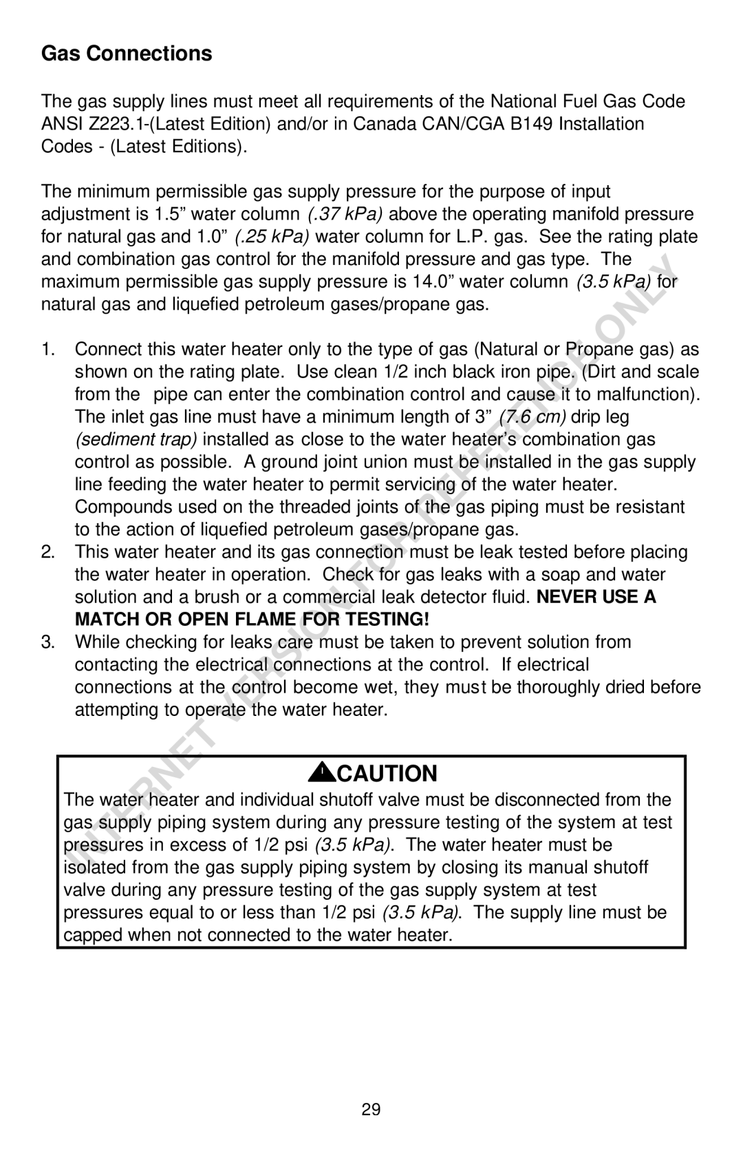 Bradford-White Corp THROUGH-THE-WALL GAS WATER HEATER instruction manual Gas Connections, Match or Open Flame for Testing 