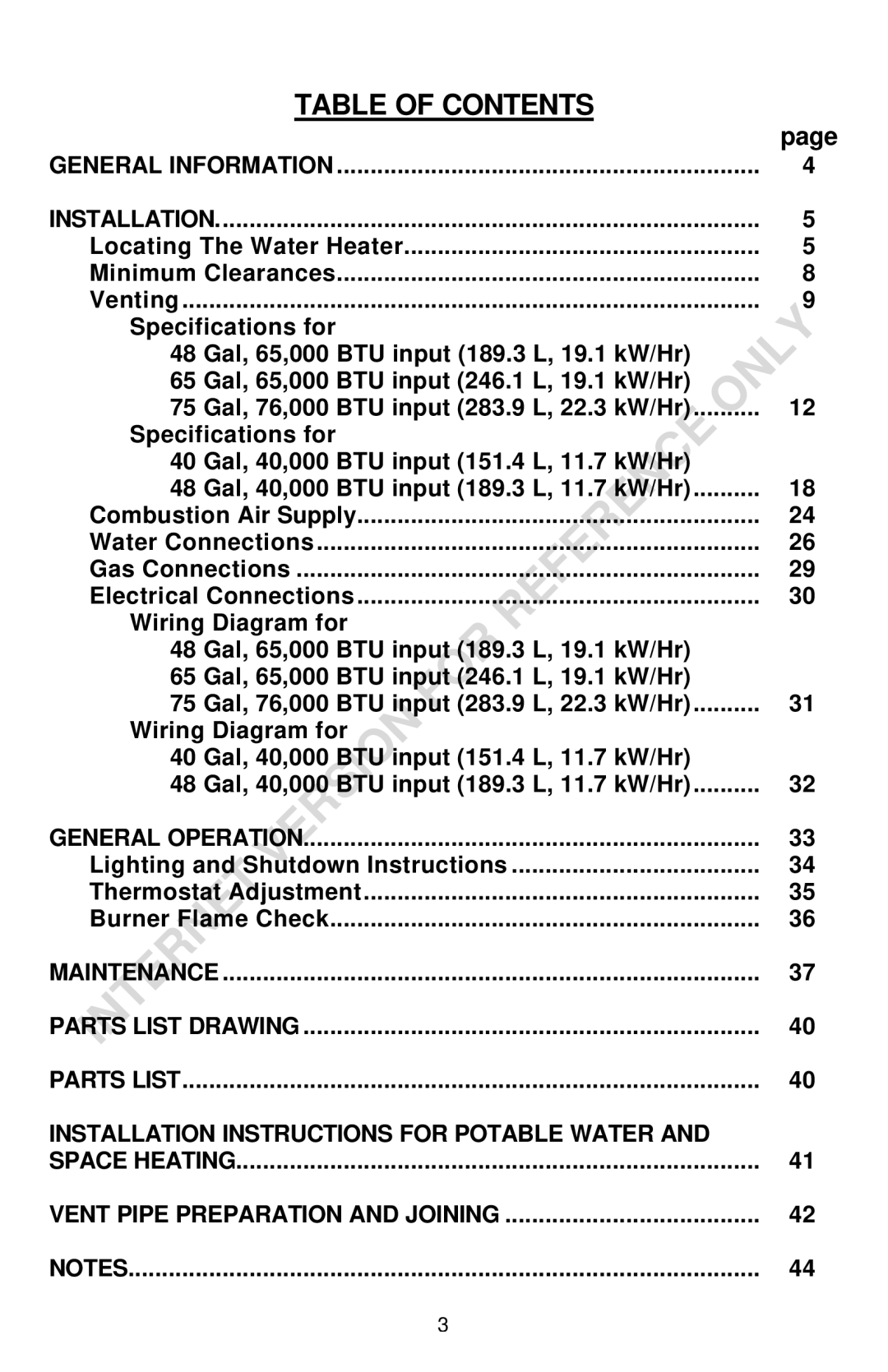 Bradford-White Corp THROUGH-THE-WALL GAS WATER HEATER instruction manual Table of Contents 