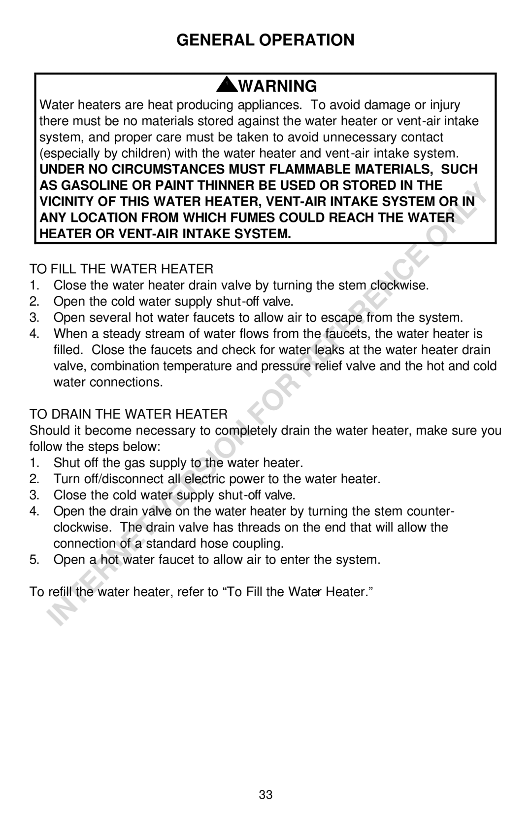 Bradford-White Corp THROUGH-THE-WALL GAS WATER HEATER instruction manual General Operation 