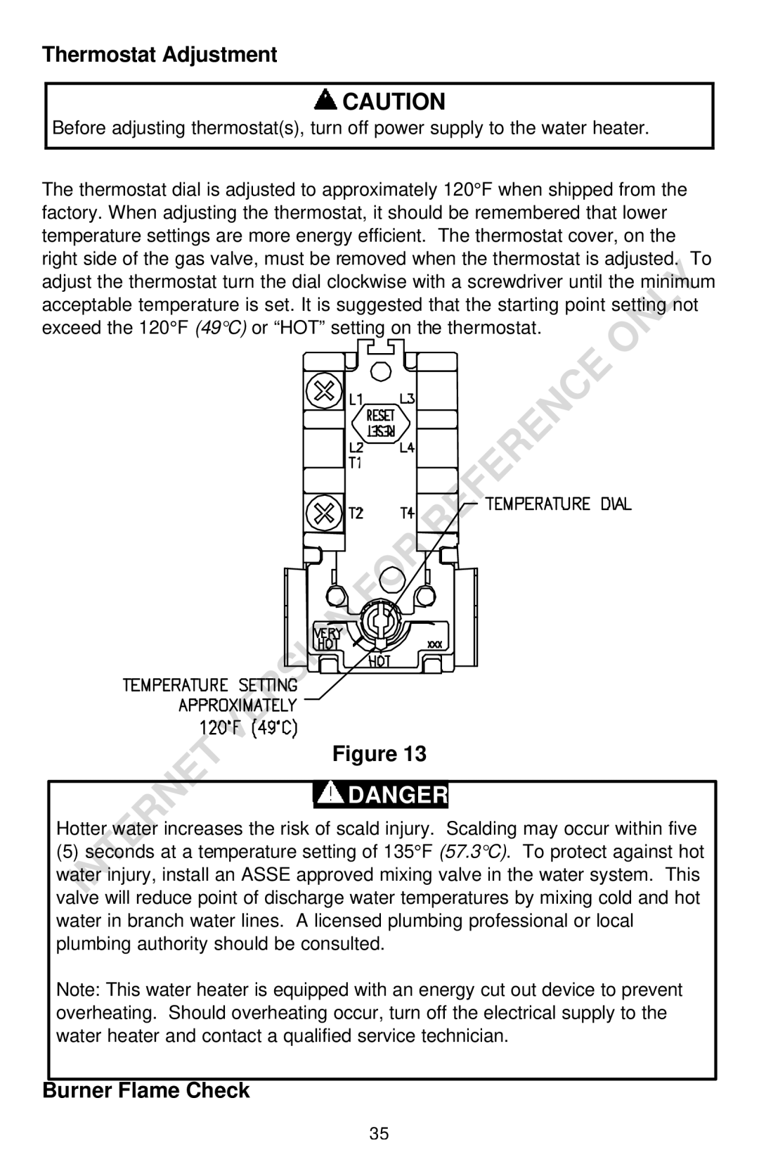 Bradford-White Corp THROUGH-THE-WALL GAS WATER HEATER instruction manual Thermostat Adjustment, Burner Flame Check 