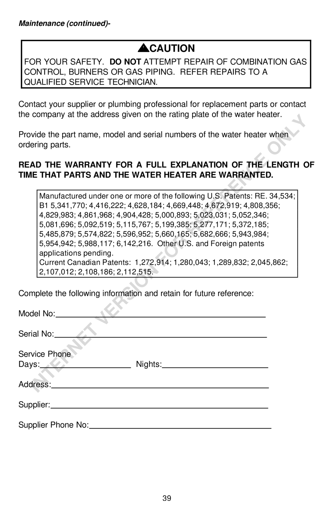 Bradford-White Corp THROUGH-THE-WALL GAS WATER HEATER instruction manual Time That Parts and the Water Heater are Warranted 