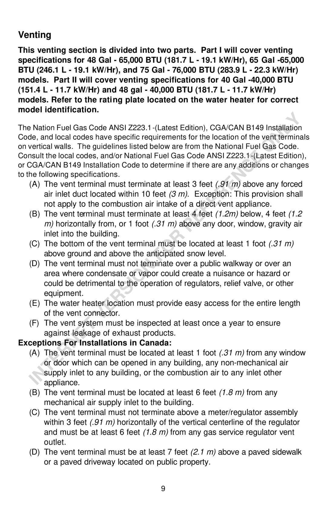 Bradford-White Corp THROUGH-THE-WALL GAS WATER HEATER instruction manual Venting, Exceptions For Installations in Canada 