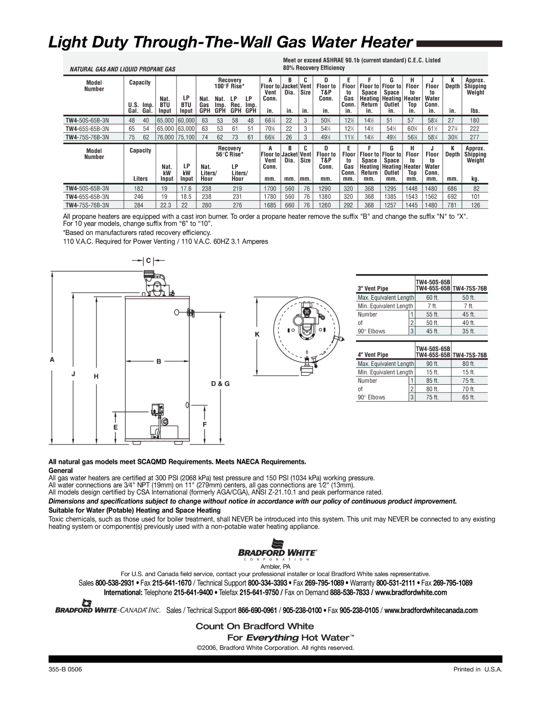 Bradford-White Corp TTW4 warranty 80% Recovery Efficiency, Capacity, Nat, Imp, Gas, Gal. Gal, Liters, Vent Pipe 