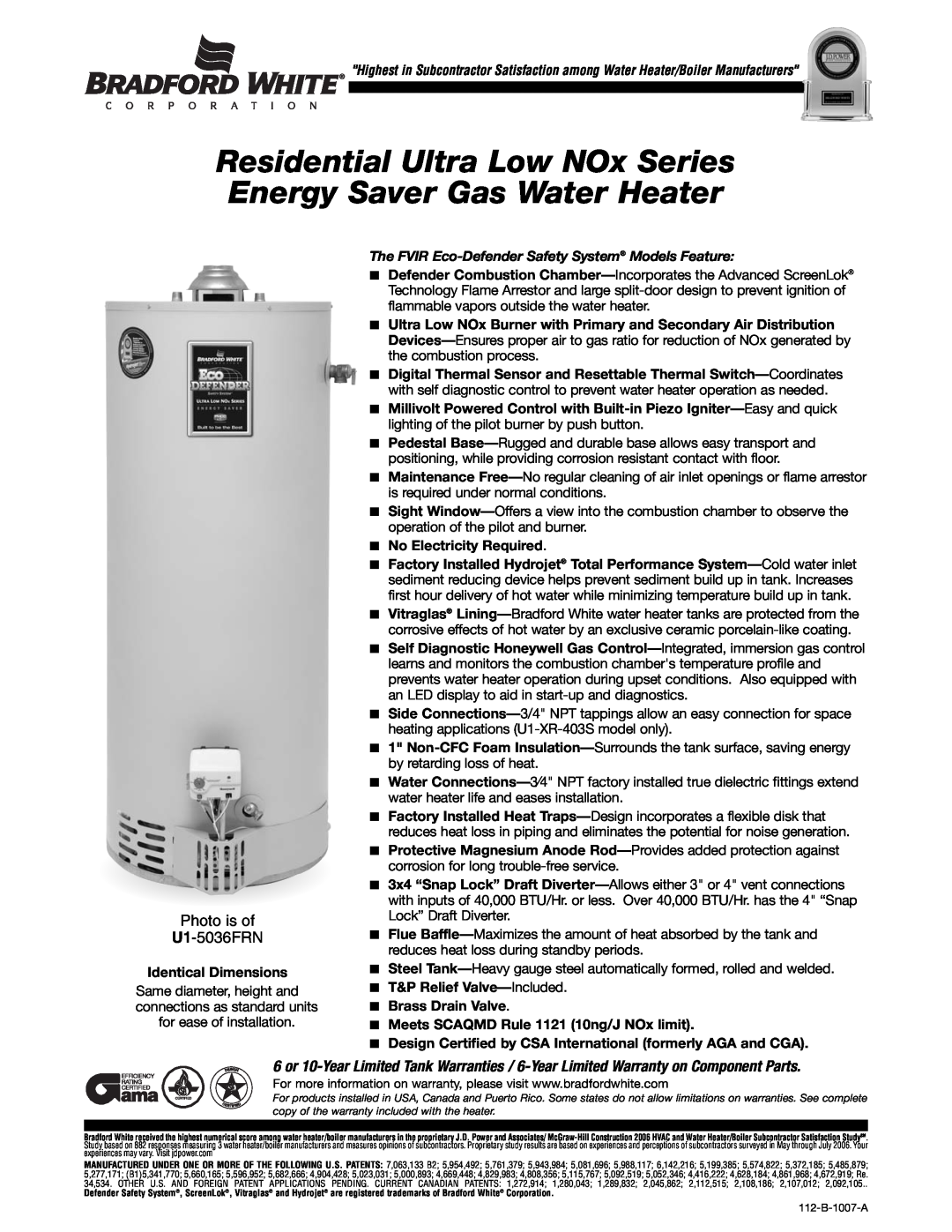 Bradford-White Corp U1-5036FRN warranty Residential Ultra Low NOx Series Energy Saver Gas Water Heater 