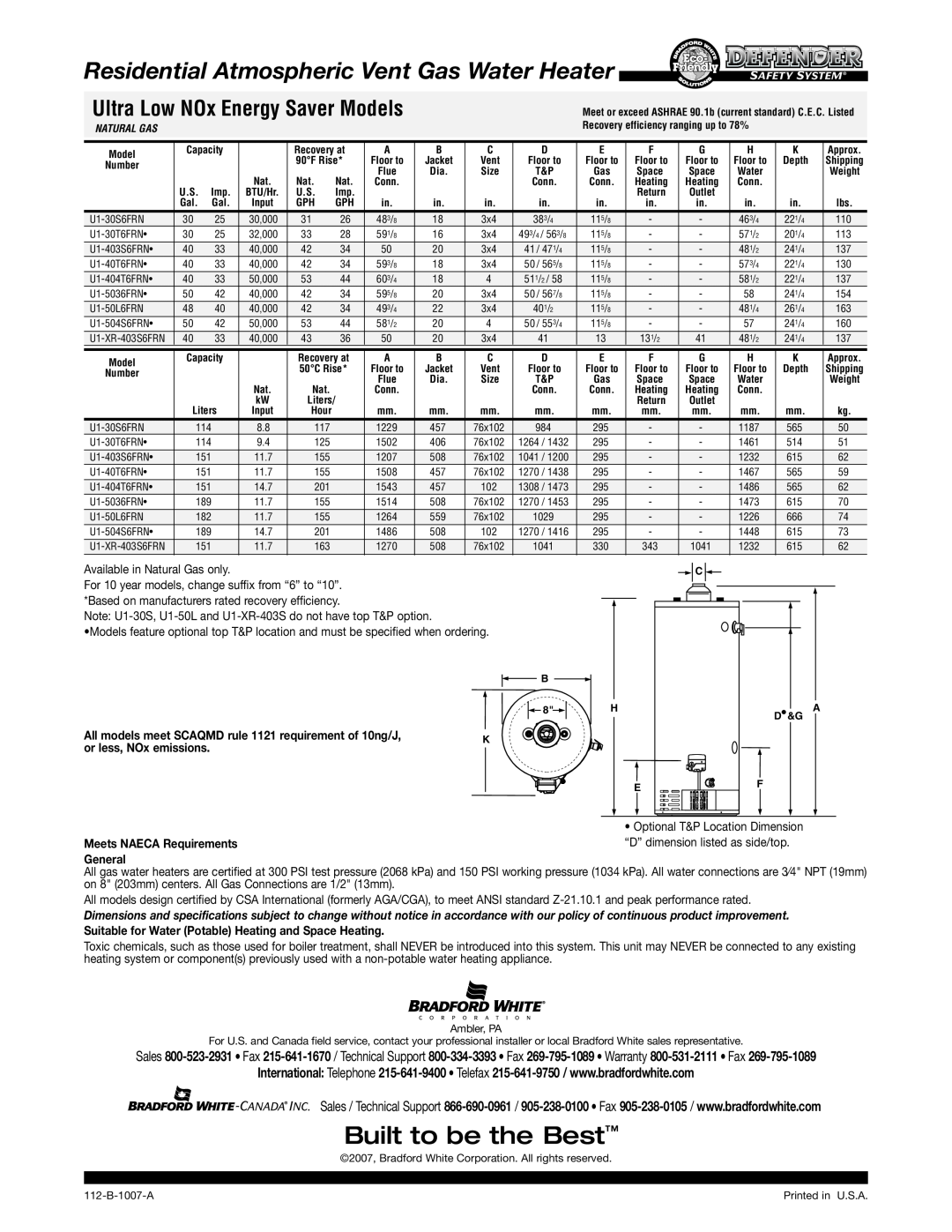 Bradford-White Corp U1-5036FRN Residential Atmospheric Vent Gas Water Heater, Ultra Low NOx Energy Saver Models, General 