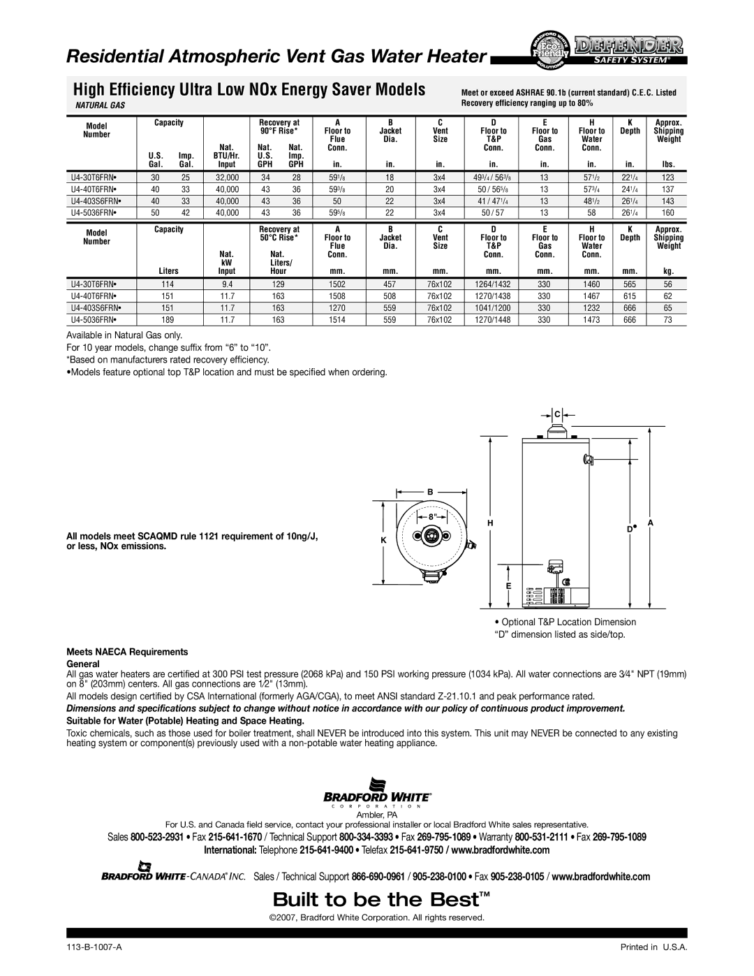 Bradford-White Corp U4-403S6FRN, U4-40T6FRN Residential Atmospheric Vent Gas Water Heater, Available in Natural Gas only 