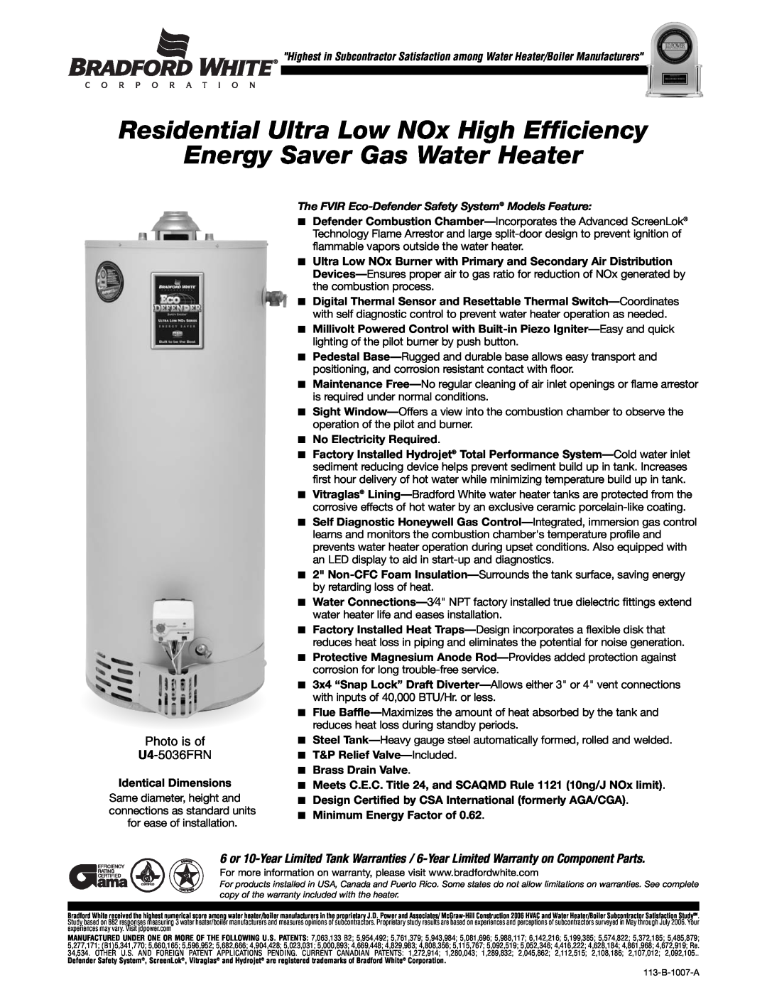 Bradford-White Corp U4-5036FRN warranty Residential Ultra Low NOx High Efficiency, Energy Saver Gas Water Heater 