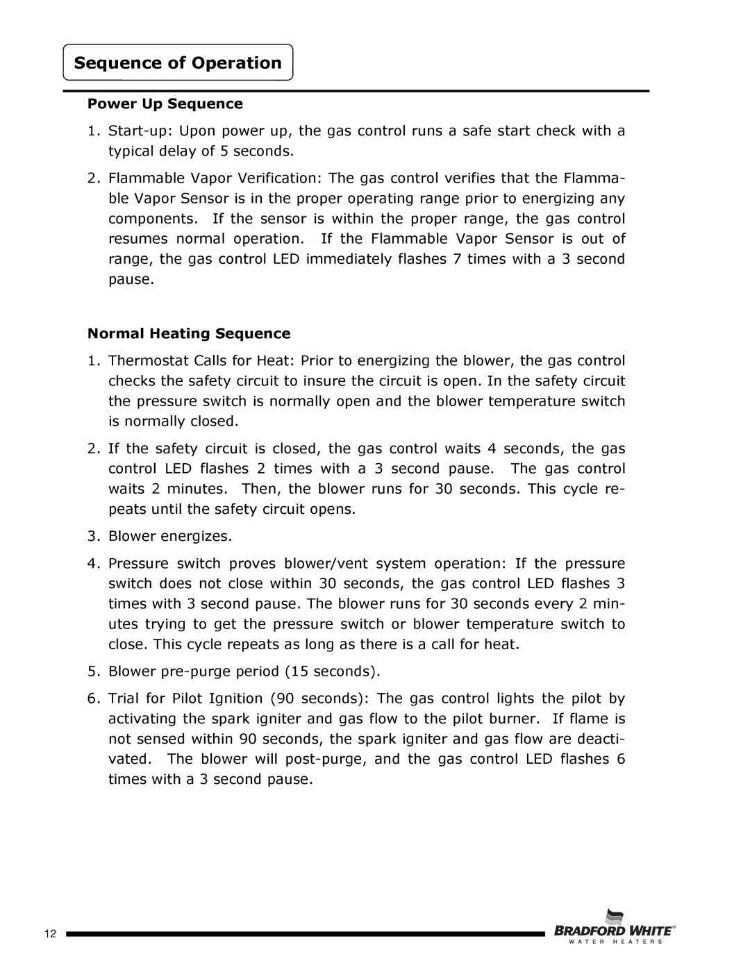 Bradford-White Corp U4TW50T*FRN, U4TW40T*FRN, U4TW60T*FRN Sequence of Operation, Power Up Sequence, Normal Heating Sequence 