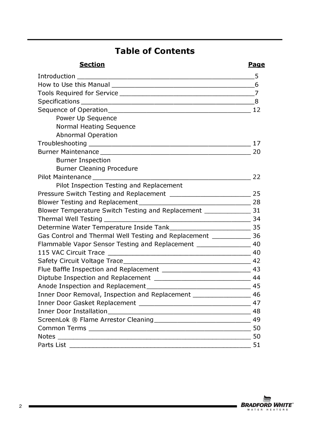 Bradford-White Corp U4TW60T*FRN, U4TW50T*FRN, U4TW40T*FRN service manual Table of Contents 