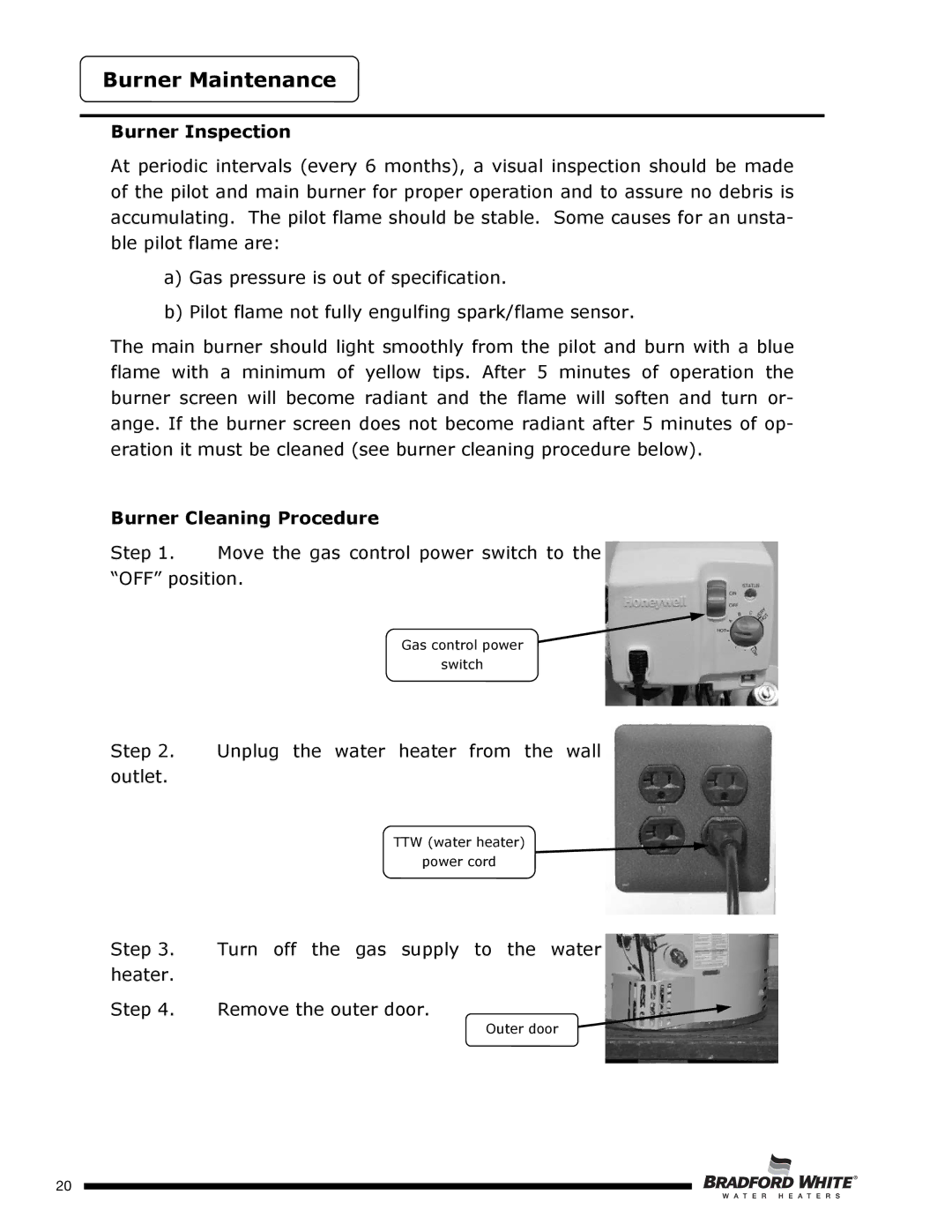 Bradford-White Corp U4TW60T*FRN, U4TW50T*FRN, U4TW40T*FRN Burner Maintenance, Burner Inspection, Burner Cleaning Procedure 