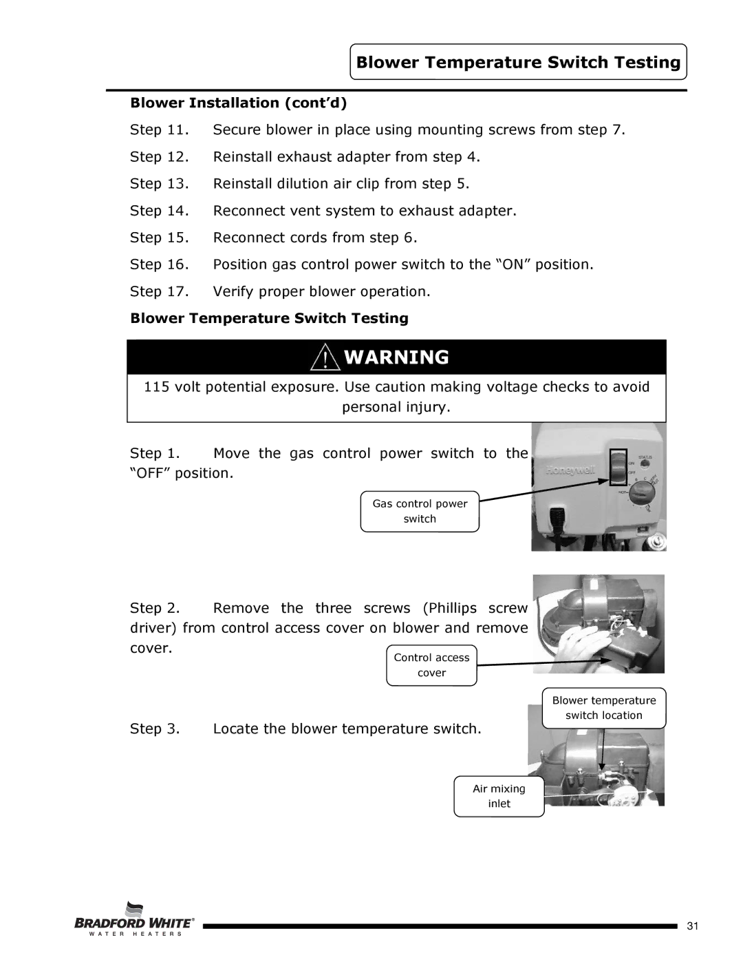 Bradford-White Corp U4TW40T*FRN, U4TW50T*FRN, U4TW60T*FRN Blower Temperature Switch Testing, Blower Installation cont’d 