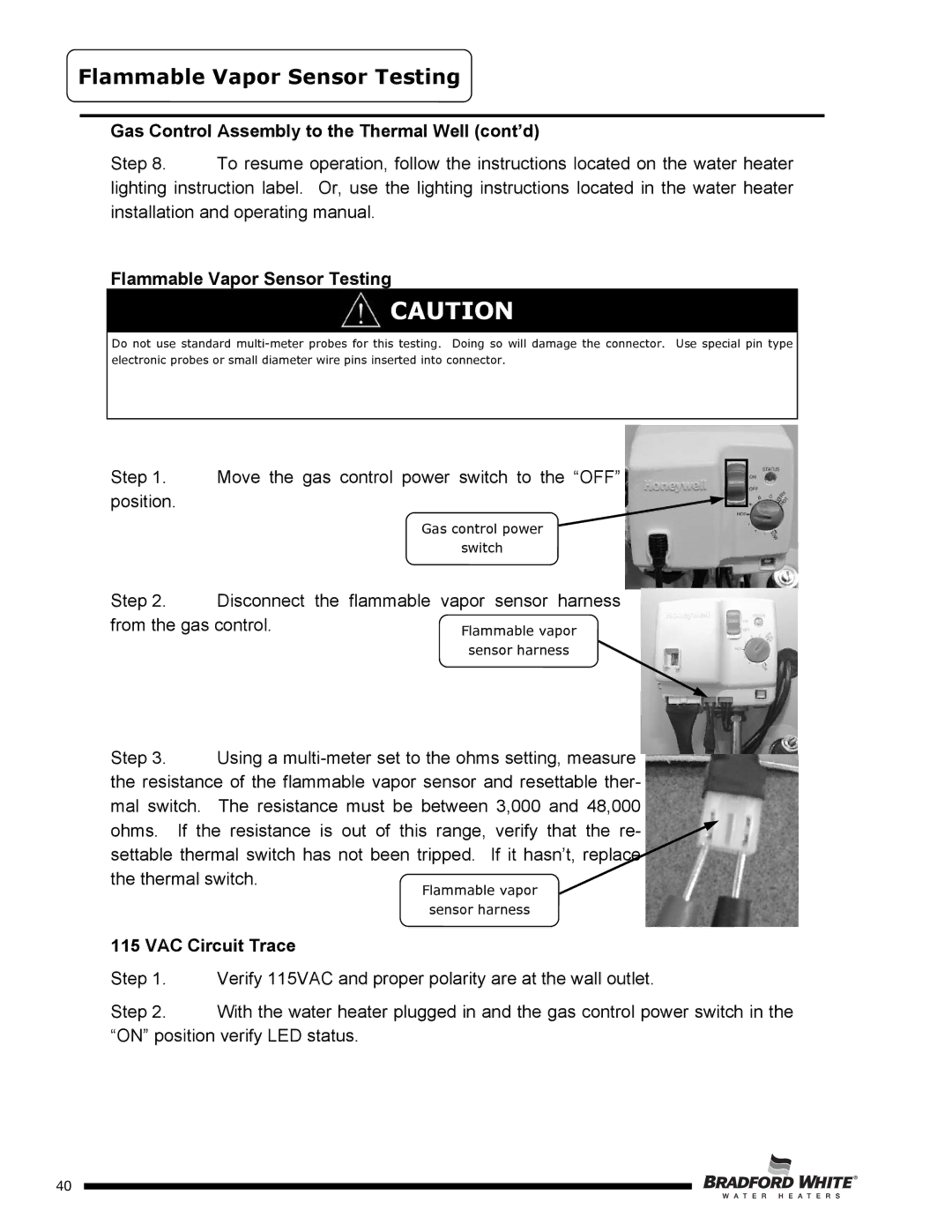 Bradford-White Corp U4TW40T*FRN, U4TW50T*FRN, U4TW60T*FRN service manual Flammable Vapor Sensor Testing 