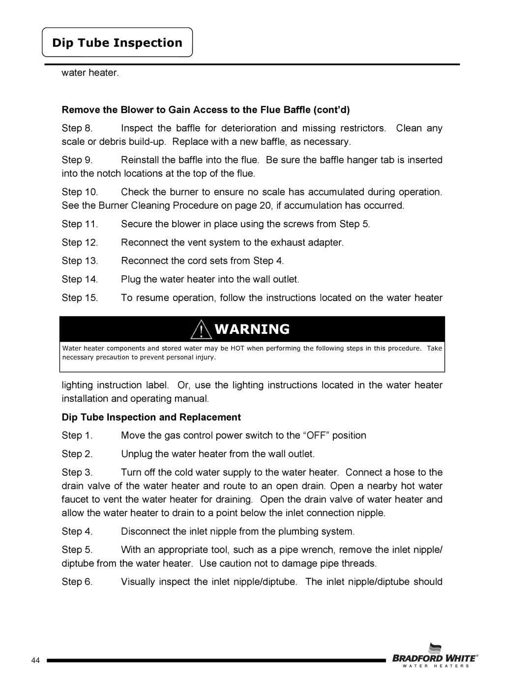 Bradford-White Corp U4TW60T*FRN Dip Tube Inspection, Remove the Blower to Gain Access to the Flue Baffle cont’d 