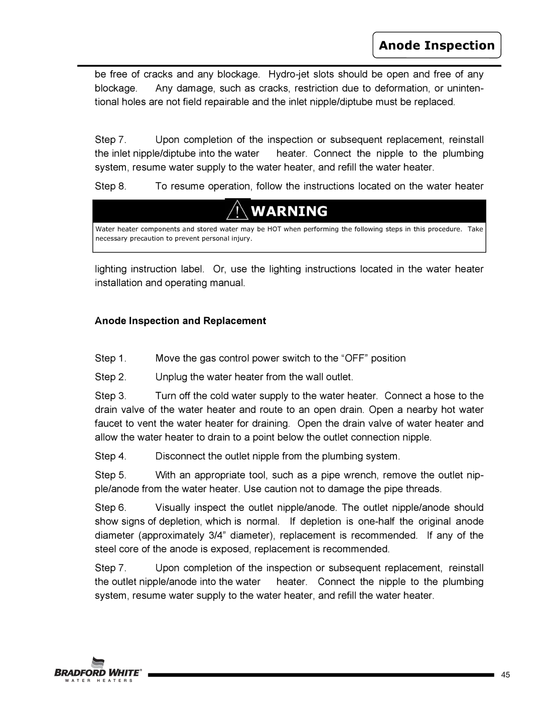 Bradford-White Corp U4TW50T*FRN, U4TW40T*FRN, U4TW60T*FRN service manual Anode Inspection and Replacement 