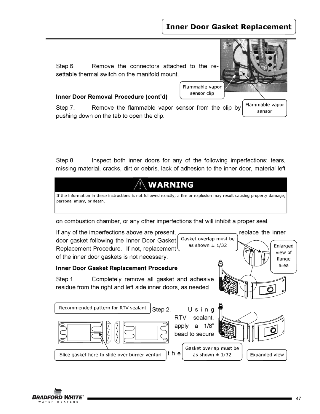 Bradford-White Corp U4TW60T*FRN, U4TW50T*FRN Inner Door Gasket Replacement, Inner Door Removal Procedure cont’d 