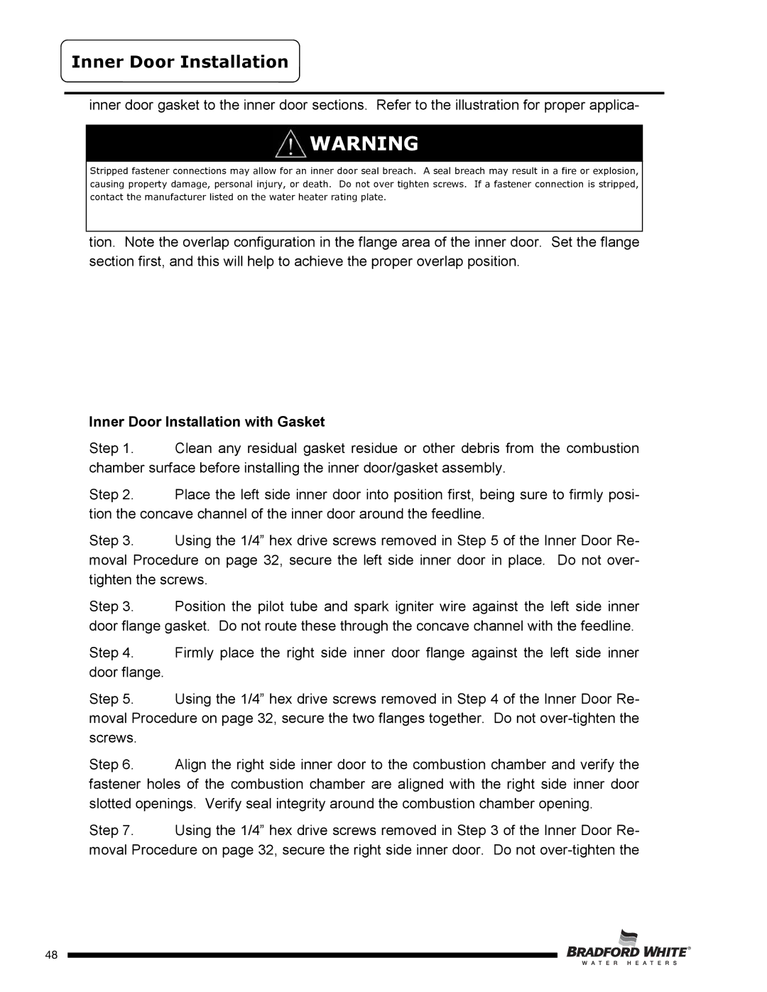 Bradford-White Corp U4TW50T*FRN, U4TW40T*FRN, U4TW60T*FRN service manual Inner Door Installation with Gasket 